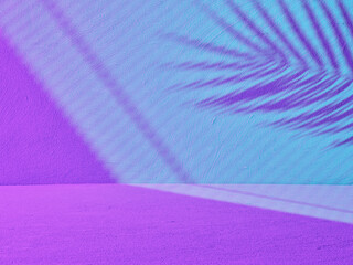 Retrowave background for product presentation with light from blinds and shadow from palm branch