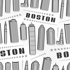 Fototapeta premium Vector Boston Seamless Pattern, square repeating background with illustration of famous boston city scape on white background for wrapping paper, monochrome line art urban poster with dark text boston