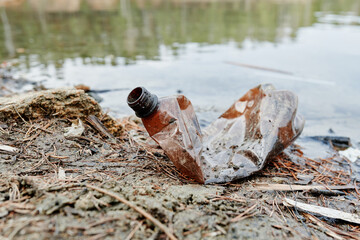 Plastic bottle on forest lake beach, pollution concept