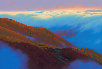 Fototapeta na wymiar Thick sea of fog rolling over hills, sunrise. Generative AI.