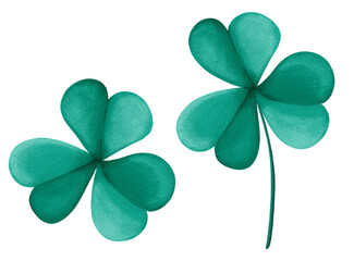 Digital illustration of irish shamrock or clover. Stylized decorative symbol of St.Patrick's Day and Ireland. Hand-drawn clipart in a watercolor style. Green three leaf clover on the stem and without.