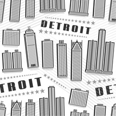 Vector Detroit Seamless Pattern, repeating background with illustration of famous detroit city scape on white background for wrapping paper, monochrome line art urban poster with black text detroit