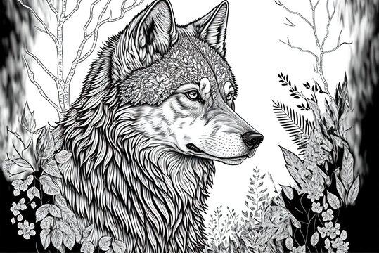 Coloring sheet of a black and white wolf, suitable for books Generative AI