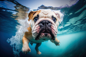 Funny English bulldog swimming under water created with Generative AI technology.