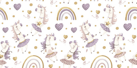 Seamless Pattern with cute cartoon baby unicorns, rainbow and hearts on white background. Perfect for textile, wallpaper or print design.