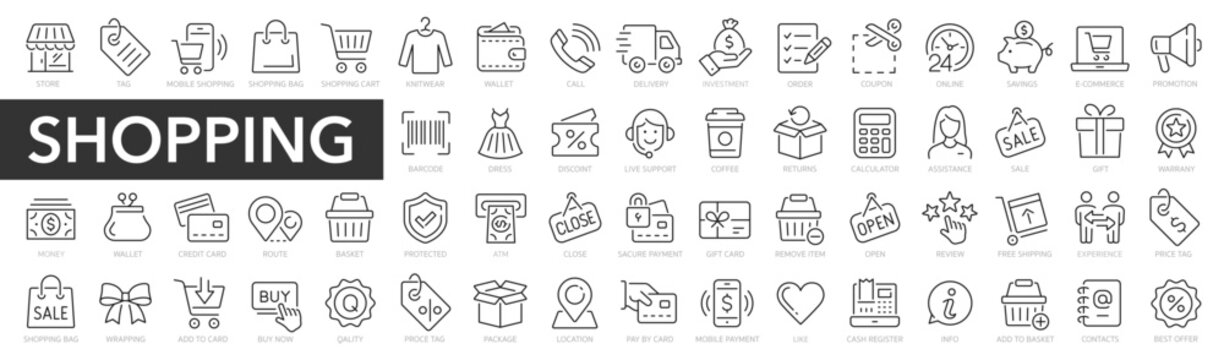 Shopping and retail line icons set. E-Commerce and retail outline icons collection. Shopping, gifts, store, shop, delivery, marketing, store, money, price - stock vector.