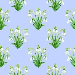 Seamless pattern of watercolor snowdrops flowers. Hand drawn illustration. Botanical hand painted floral elements on Holo Lilac background. Spring flower drawing.