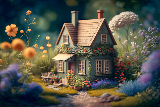 Tiny cute miniature house in a garden full of flowers. Close up with depth of field. Generative AI