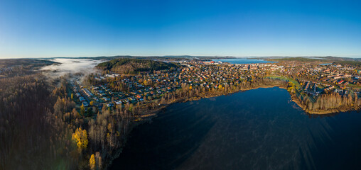 Autumn view of Ludvika town and Marnästjärnen lake in Sweden.