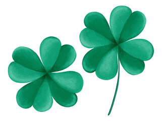 Digital illustration of irish four leaf clover. Stylized decorative symbol of St.Patrick's Day and luck. Hand-drawn clipart in a watercolor style. Green four leaf clover with and without stem.