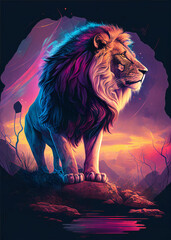A majestic lion standing on a rocky hillside, with a vibrant purple and blue background.  The...