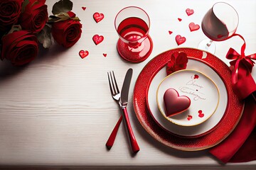 Valentines Day table setting, dinner in a restaurant, roses petals, hearts, plates and cutlery - generative ai 