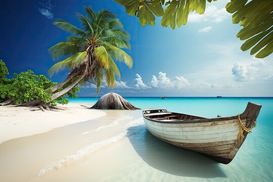 Island Escape: A Serene Boat Scene in Paradise created with Generative AI technology
