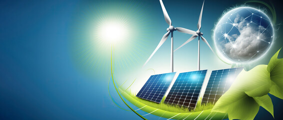 renewable energy banner background with green energy as wind turbines and solar panels