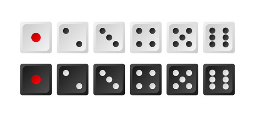 Dice Game with white and black cubes collection. Gambling dices to play in casino, dice from one to six dots. Vector illustration.