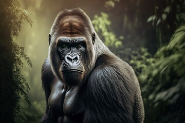 Naklejka premium Portrait face powerful dominant male gorilla on black background, Beautiful Portrait of a Gorilla. severe silverback, anthropoid ape, stern face. isolated black background,Generative AI