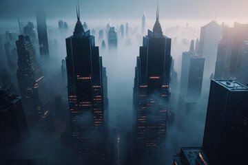 top view of morning fog in new york city. generative ai