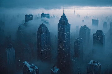top view of morning fog in new york city. generative ai
