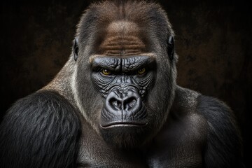 Portrait face powerful dominant male gorilla on black background, Beautiful Portrait of a Gorilla. severe silverback, anthropoid ape, stern face. isolated black background,Generative AI