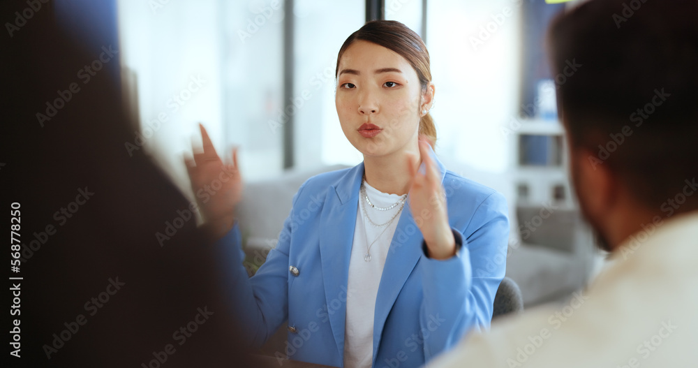 Canvas Prints Asian woman, meeting leader and business collaboration, marketing training or manager coaching in office. Team leadership, ceo talking and creative management or planning startup goals strategy