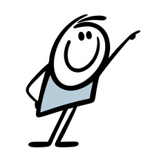 Funny doodle stickman pointing with his fingure on something above to the right.
