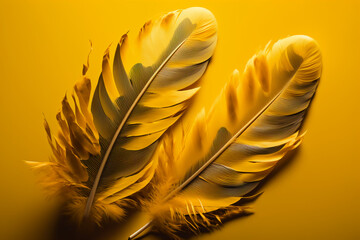 Yellow background with bird feathers. Generative AI.