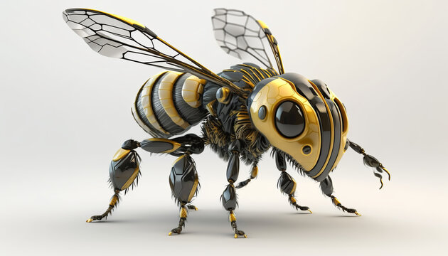 Robot bee, with totally white background all image, concept blockchain and technology networks, 4k realistic.Generative AI	