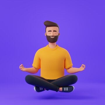 Cartoon bearded character man meditates in the lotus position over purple background.