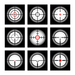 Collection of Goals and Destinations. Aim and purpose, targeting and aiming. Futuristic optical aim. Collimator sight, gun targets focus range indication. Vector illustration.