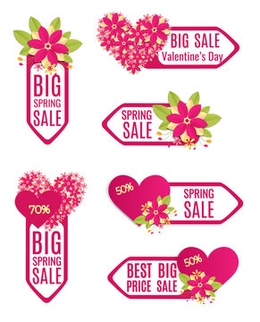 Set spring or Valentines day label , tegs sale with pink heart and flowers.