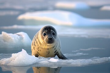 young Baikal seal on the ice of the lake, a species of earless seal that is unique to Lake Baikal in Siberia, Russia. d image. Generative AI