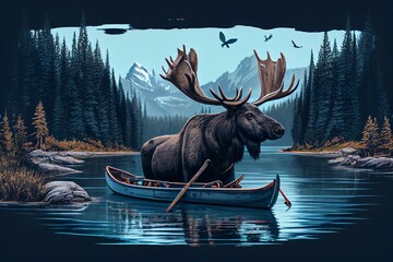 Proud Canadian Bull Moose with antlers, travels in a canoe on a lake or river with beautiful landscape of mountain, trees and blue water. Generative AI