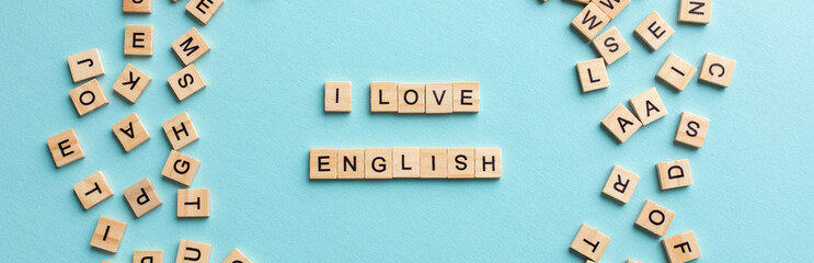 I love English. Language concept. Blue background