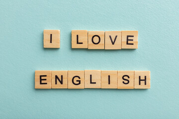 I love English. Language concept. Blue background