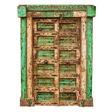 Weathered green medieval wooden door