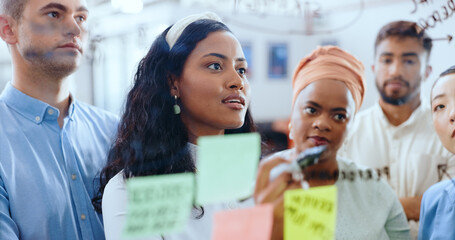 Black woman, leadership and presentation with sticky notes in business meeting, teamwork...