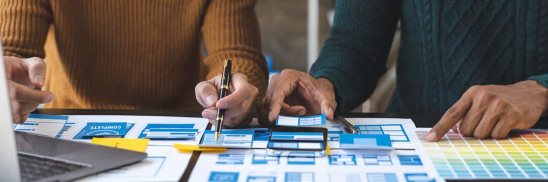 Creative Web, Graphic Designer, Tester team planning website ui xi app for mobile application development template layout. Prototyping wireframe development process program user experience concept.