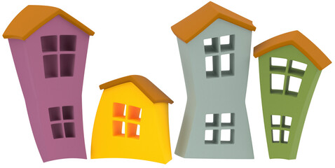 3D rendering of houses on a light background. Multicolored houses. cartoon house. 3D Render.