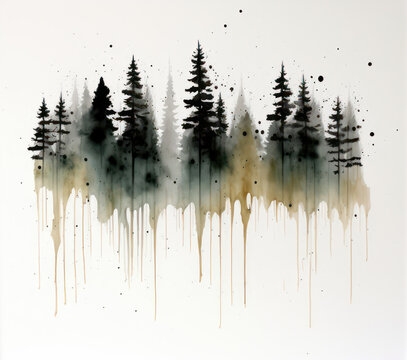 Generative AI illustration of  watercolour painting art style of pine trees landscape