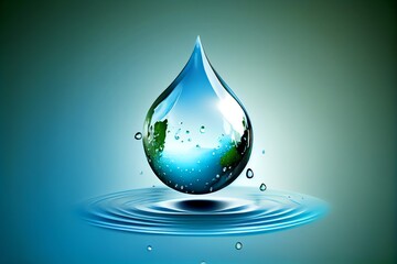 Fototapeta premium World water day. Realistic drop of water falling on blue sea background. Elements of this image. Generative AI
