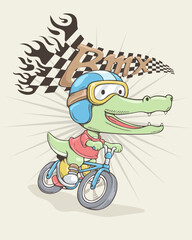 Vector illustration in hand drawn concept, cartoon crocodile wearing rider helmet riding bike