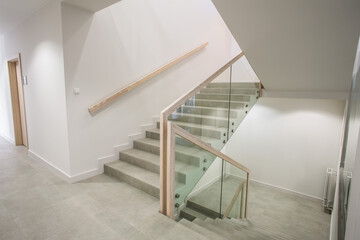 Staircase in a medical facility. Stairs in a modern white interior. Medical clinic with stairs....