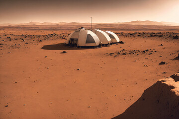 Fototapeta na wymiar view of three round white tent buildings on a dry red desert surface of the mars planet with some rocks and hills in background horizon as first mars colony concept illustration, generative AI