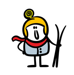 Cartoon cheerful character in a warm hat and winter clothes holds skis and is going for a walk in the snow.