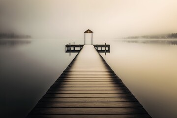 Foggy Reflections: A Calm and Serene Dock in the Middle of a Misty Lake created with Generative AI technology