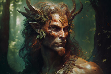 Satyr, male creature from Greek mythology, part man, part beast. Generative AI. - obrazy, fototapety, plakaty