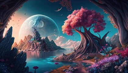 Fototapeta na wymiar A fantasy world in enchanted fairy tale background, colorful space, digital art, creative, unique planet, Generative ai