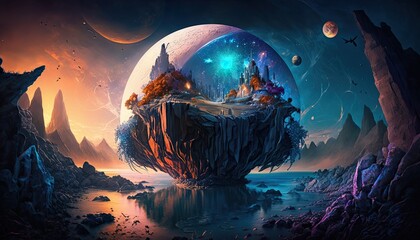 Fototapeta na wymiar A fantasy world in alien landscape, surreal, ultra detailed, stunning, colorful, digital art, creative, unique planet, Generative ai
