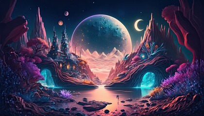 Fototapeta na wymiar A fantasy world, magic, surreal, ultra detailed, stunning, colorful, digital art, creative, unique planet, Generative ai