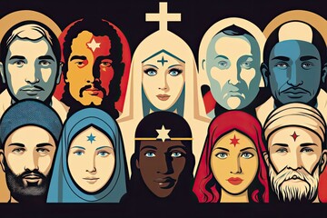 Illustration of a group of people from different religions all together as a symbol of mutual respect. Generative AI illustration.
